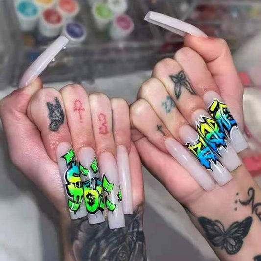 Urban Graffiti Extra Long Coffin Clear Press On Nails with Neon Street Art Accents