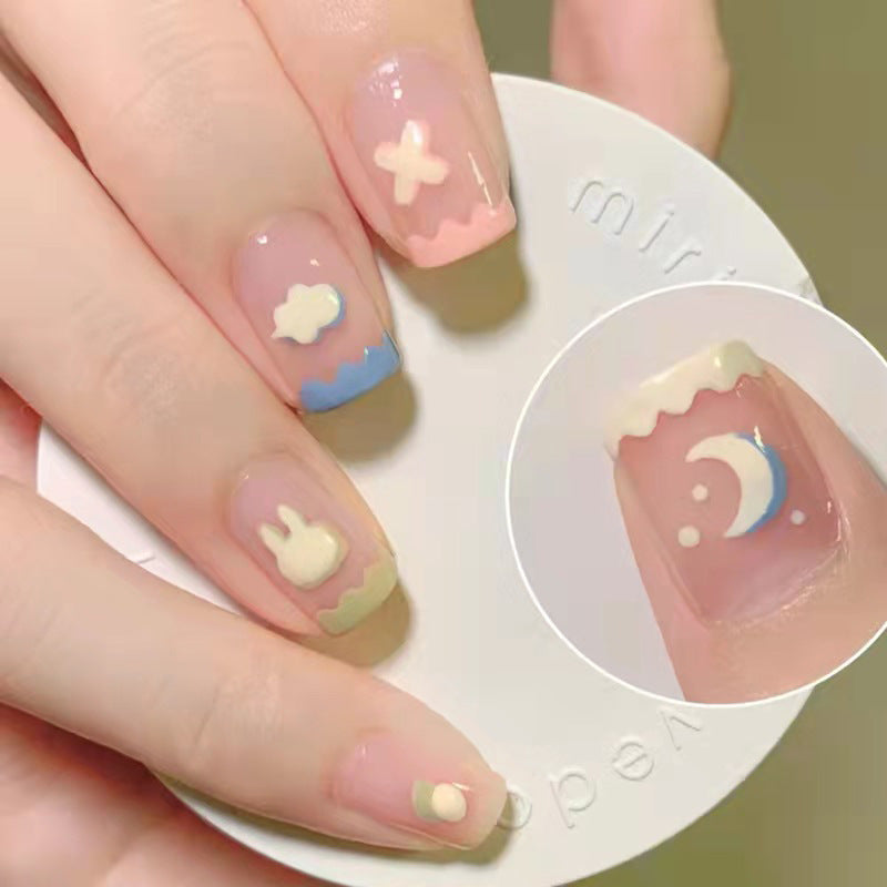 Dreamy Skyscape Short Square Pastel Press On Nails with Cloud and Moon Accents