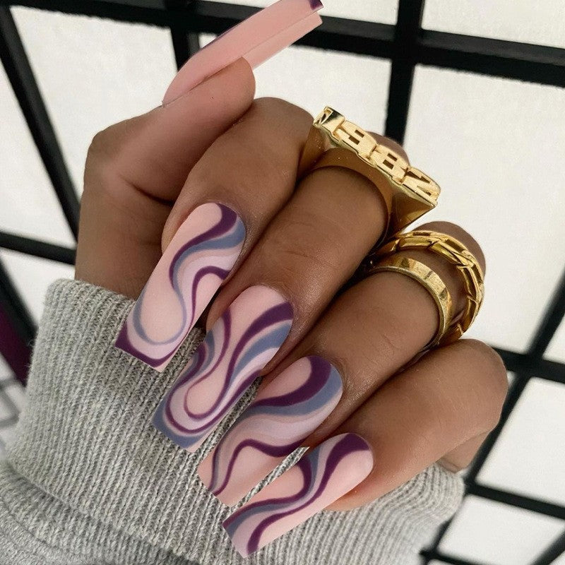 Lavender Swirls Extra Long Square Mauve Press On Nails with Wavy Pattern Design