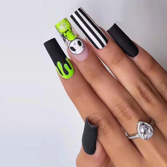 Pop Art Party Extra Long Square Black Press On Nails With Neon Green Accents And Striped Design