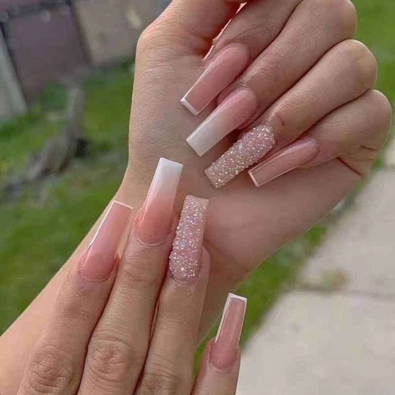 Glamorous Glitter Long Coffin Beige Press On Nails with Sparkling Accent Design