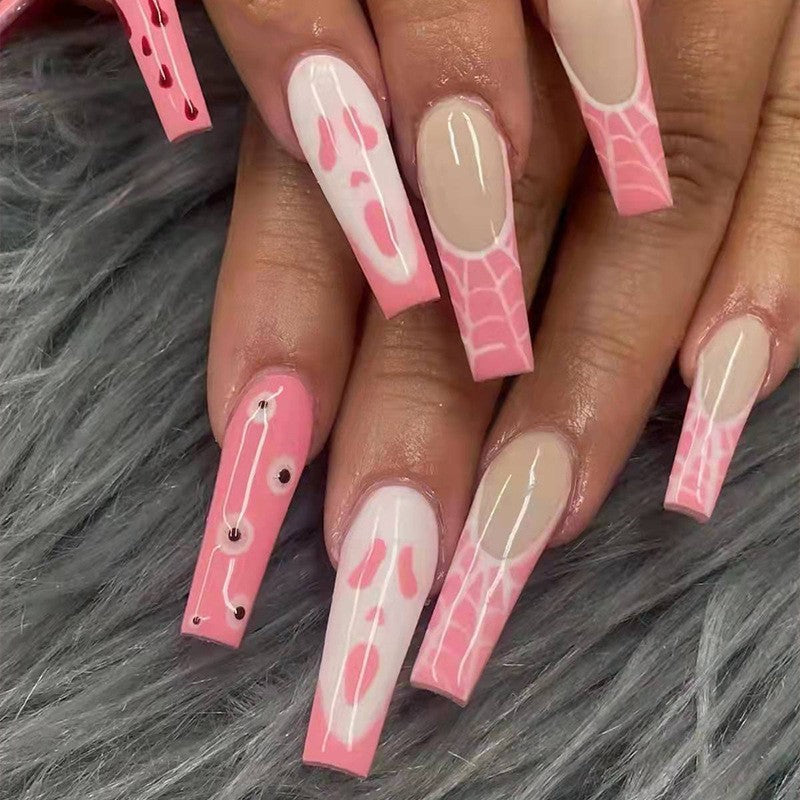 Long Coffin Scream Pink Press On Nail Set With Giraffe Print Accent And Pierced Ring Detail