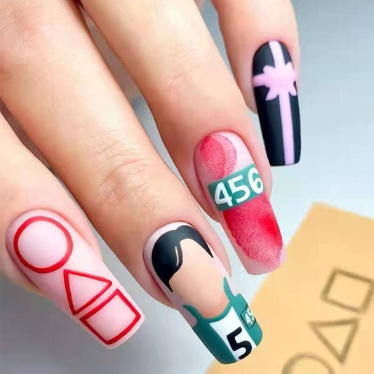 Medium Coffin Multicolor Press On Nail Set With Pop Culture Numbers And Iconic Character Design