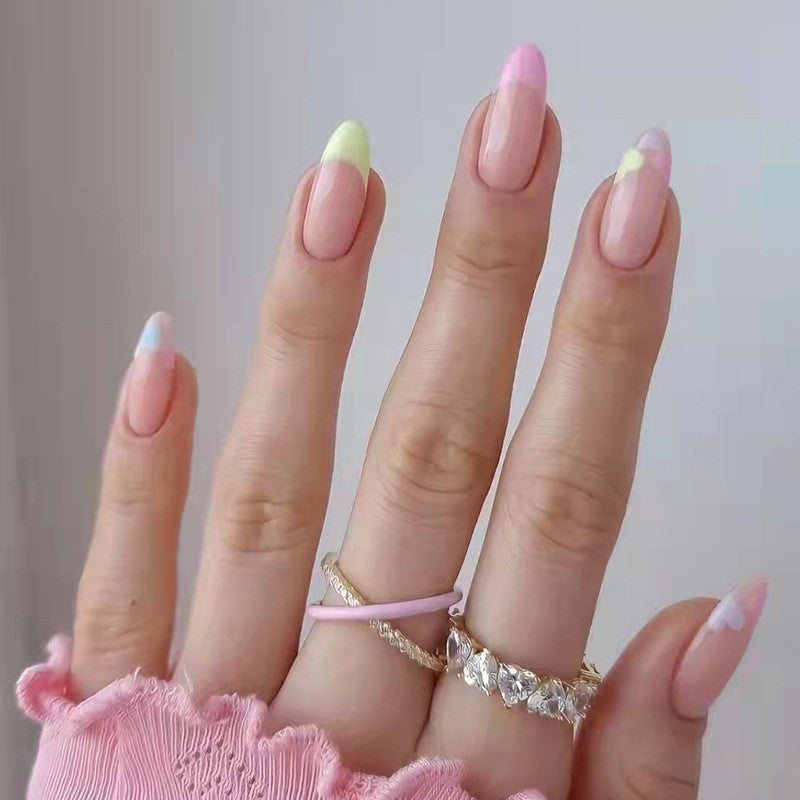 Pastel French Tip Medium Almond Press On Nail Set, Soft Pink and Yellow with White Crescent Detail