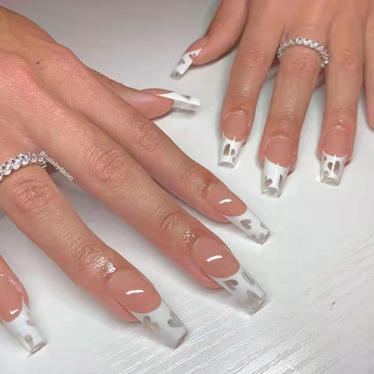 Elegant Gala Long Coffin Press On Nail Set, Beige Base with White Tips and Transparent Hearts Design