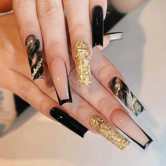 Glamour Night Extra Long Coffin Press On Nail Set, Black and Beige with Gold Foil and Marble Accents