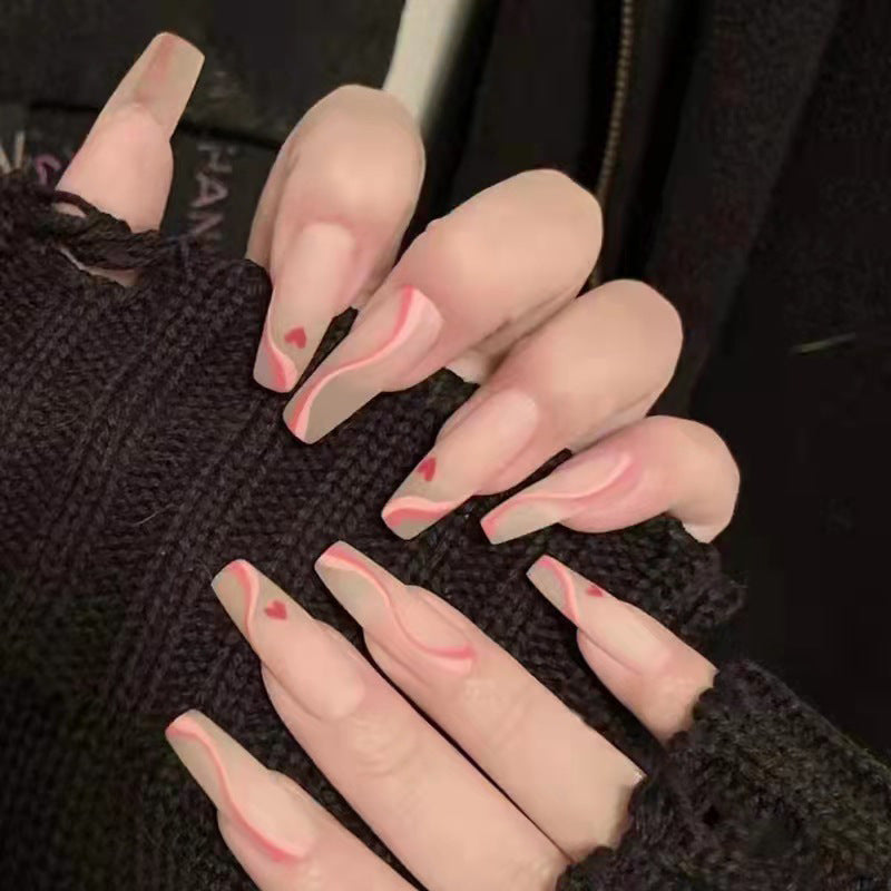 Cozy Winter Medium Coffin Press On Nail Set, Beige with Red Swirls and Heart Accents