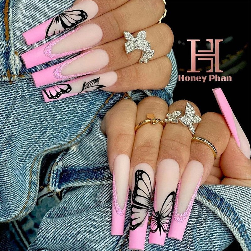 Urban Chic Extra Long Coffin Press On Nail Set, Soft Pink with Hot Pink Tips and Butterfly Wing Art