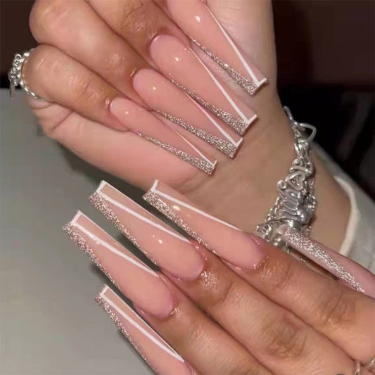 Glimmering Soiree Extra Long Coffin Press On Nail Set, Beige with Silver Glitter Line Accents