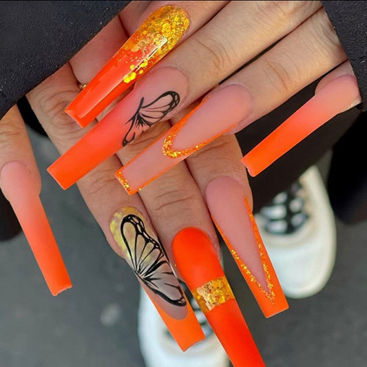 Summer Sizzle Extra Long Coffin Press On Nail Set, Neon Orange with Gold Glitter and Butterfly Accents
