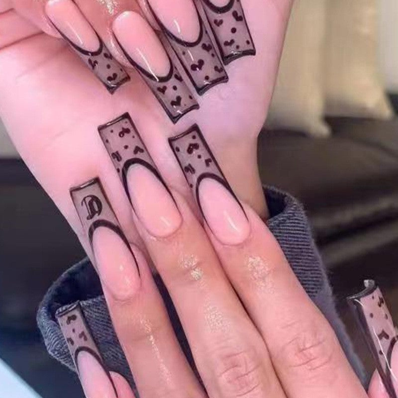 Fashionista Flair Extra Long Square Press On Nail Set, Beige with Brown Designer Pattern Accents