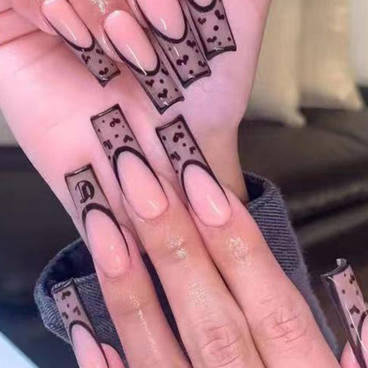 Fashionista Flair Extra Long Square Press On Nail Set, Beige with Brown Designer Pattern Accents