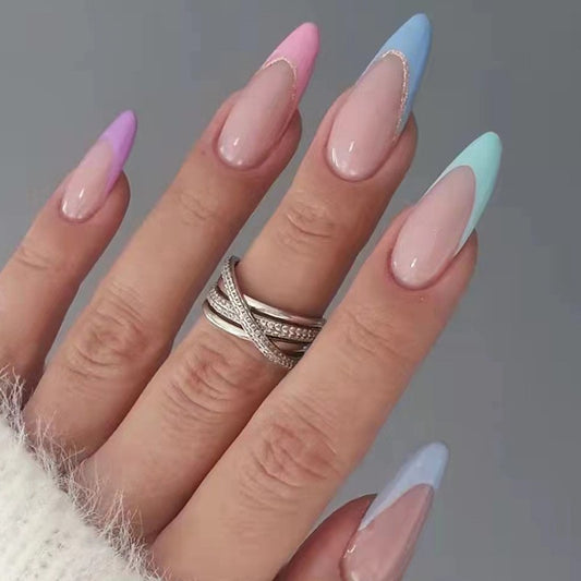 Pastel Perfection Long Almond Press On Nail Set, Beige with Pink Blue and Mint French Tips