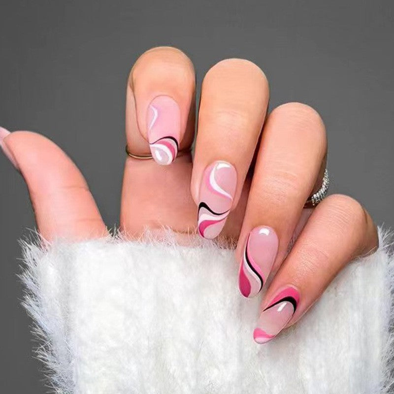 Modern Art Medium Oval Press On Nail Set, Beige with Pink and Black Wave Accents
