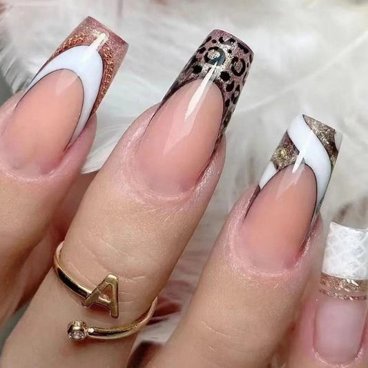Luxury Leopard Medium Coffin Press On Nail Set, Beige with Gold Glitter and Animal Print Accents