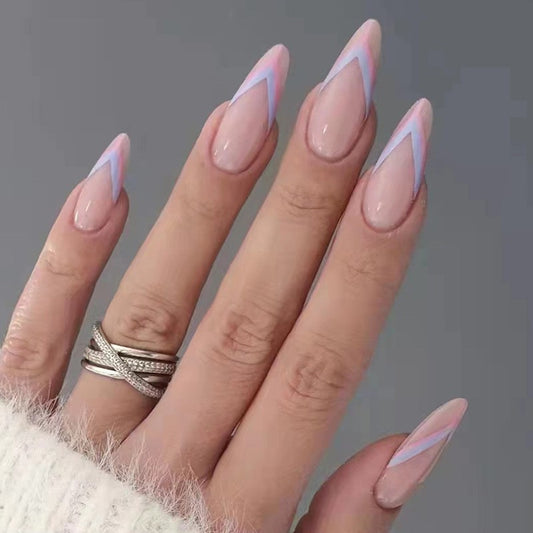Holographic Hues Long Almond Press On Nail Set, Beige with Lavender and Baby Blue Chevron Design