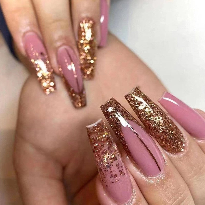 Rose Gold Sparkle Extra Long Coffin Press On Nail Set, Beige with Rose Gold Glitter Ombre Effect