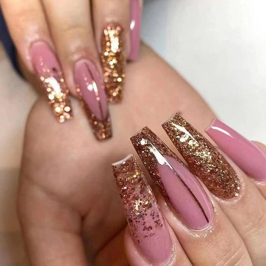 Rose Gold Sparkle Extra Long Coffin Press On Nail Set, Beige with Rose Gold Glitter Ombre Effect