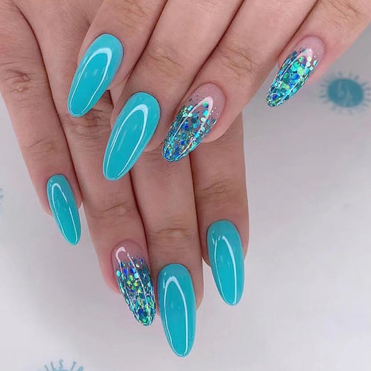 Contract Mermaid Medium Oval Blue Glitter Press On Nails
