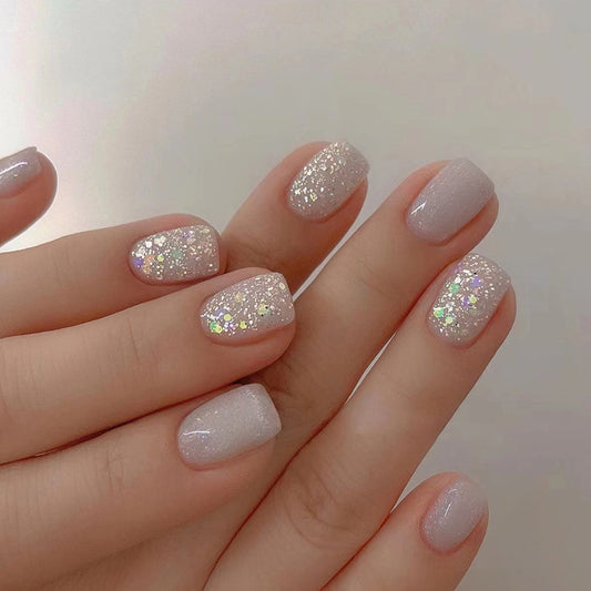 Quad Short Short Square Pink Glitter Press On Nails
