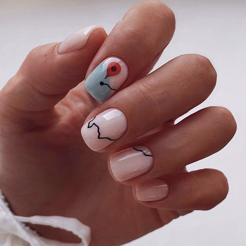 Google Maps Short Squoval Pink Cartoon Press On Nails