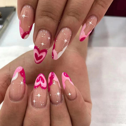 Reveal Long Almond Pink Hearts Press On Nails