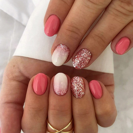 Lifestyle Short Round Pink Glitter Press On Nails