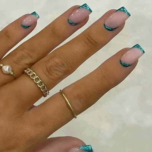 Cheerleader Medium Square Blue Glitter Press On Nails