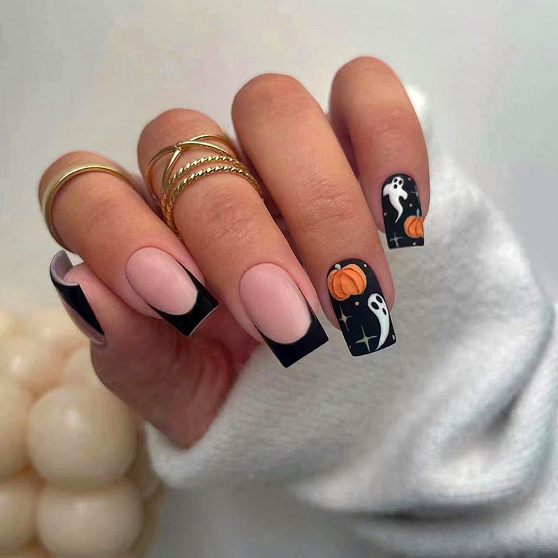 Spooky Look Medium Square Black Halloween Press On Nails