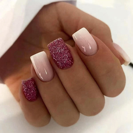 Gourmet Short Square Pink Glitter Press On Nails