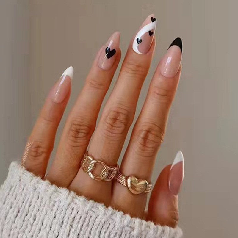 Chic Contrast Long Almond Press On Nail Set, Beige with Black Heart and French Tip Design