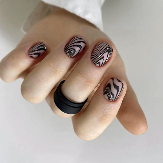 Aerial Phenomenon Short Square Black Marble Press On Nails