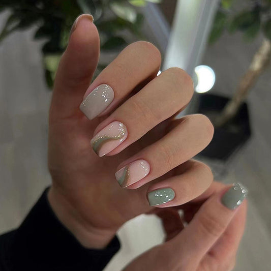 Senior Executive Medium Square Green Marble Press On Nails