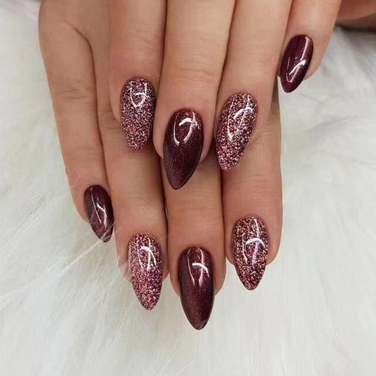 Awareness Medium Almond Red Glitter Press On Nails