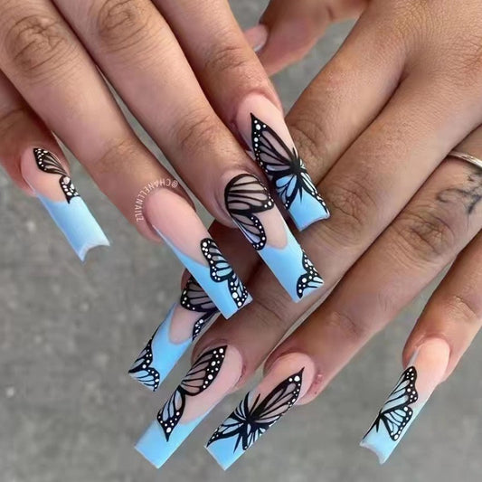 Serene Skies Extra Long Square Press On Nail Set, Sky Blue with Black Butterfly Wing Art