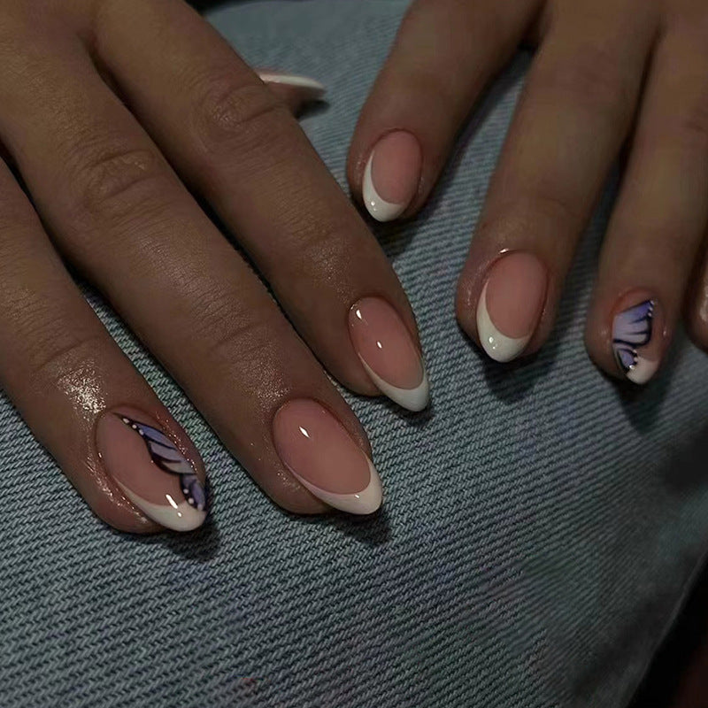 Slightly Different Short Round White Butterfly Press On Nails