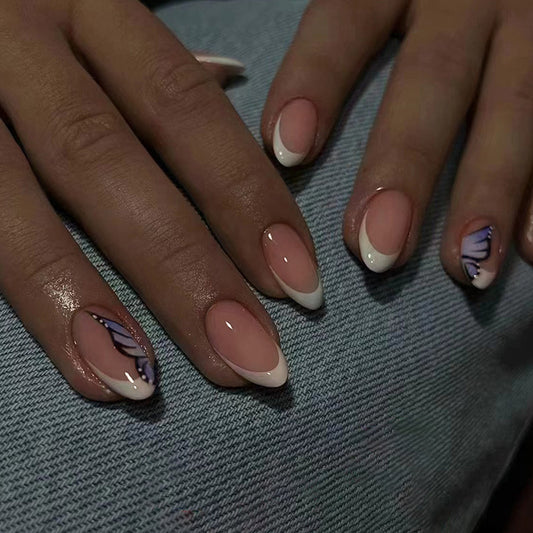 Slightly Different Short Round White Butterfly Press On Nails