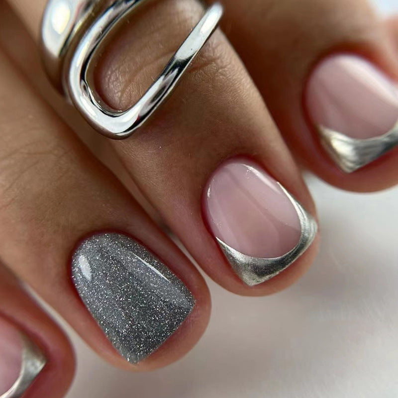 Astonishing Short Square Silver Glitter Press On Nails