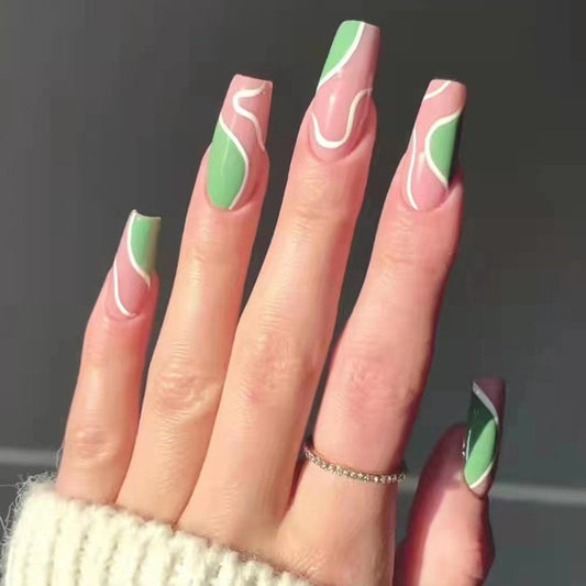 Spring Fling Long Coffin Press On Nail Set, Beige with Sage Green Swirls and Pink Accents