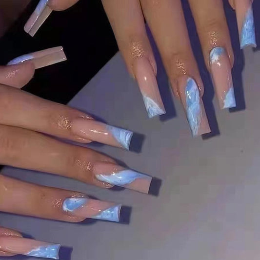 Icy Elegance Extra Long Square Press On Nail Set, Beige with Blue Marble and Gold Glitter Accents