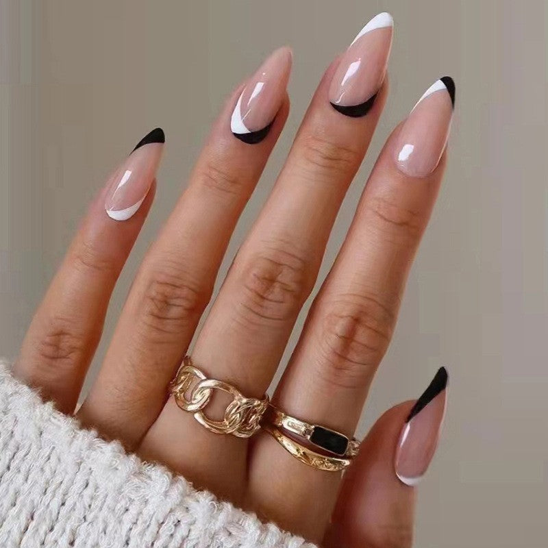 Sophisticated Noir Long Almond Press On Nail Set, Beige with Black French Tips and Crescent Detail