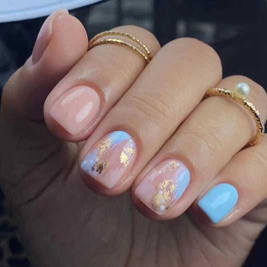 Buy A Pair Short Square Blue Marble Press On Nails