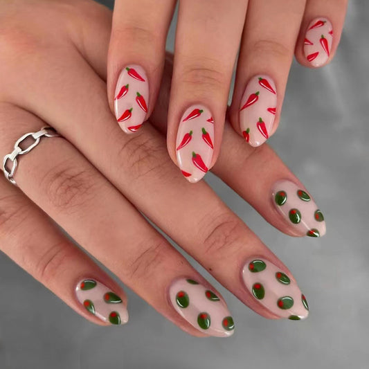 Peppers And Olives Medium Oval Pink Cute Press On Nails