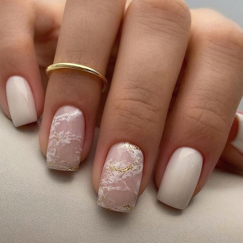Coverage Short Square Pink Marble Press On Nails