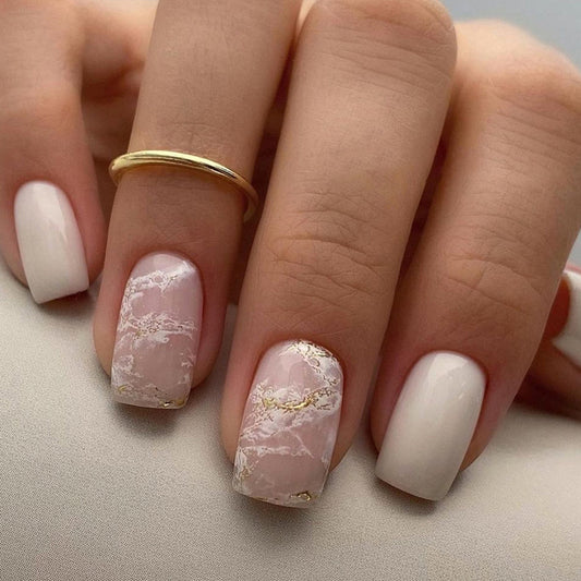 Coverage Short Square Pink Marble Press On Nails