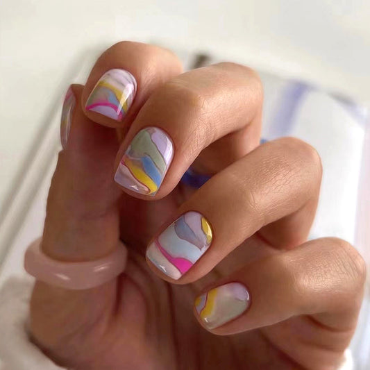 Sourced Short Square Multicolor Rainbow Press On Nails