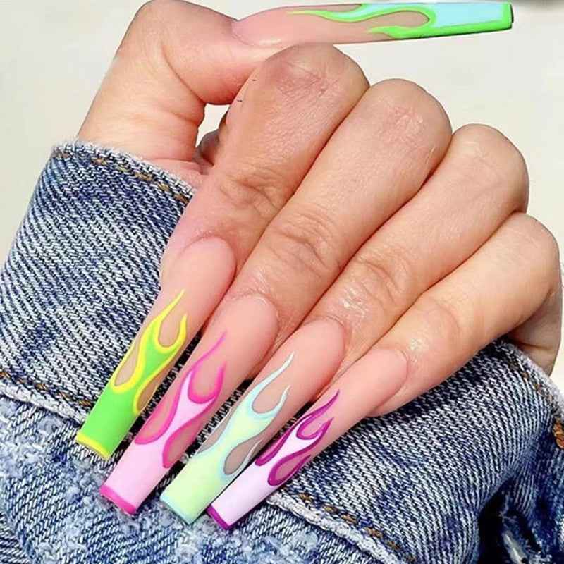 Neon Flame Extra Long Square Press On Nail Set, Multicolor with Flame Art Design