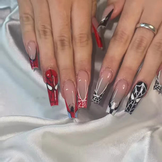 Spiderman And Venom Long Coffin Red Cartoon Press On Nails