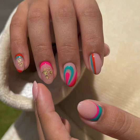 Great Method Short Oval Blue Groovy Press On Nails