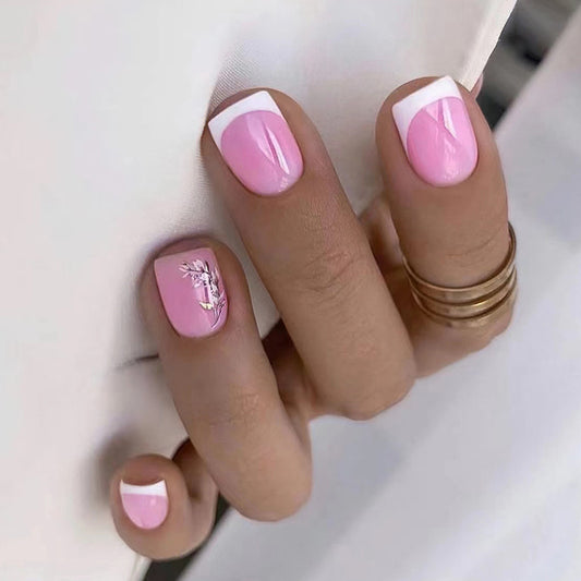 Touch Of Pink Short Square White French Tips Press On Nails